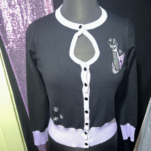 Voodoo Vixen Sweaters - Voodoo Vixen Black and Lavender Retro Cat Cardigan